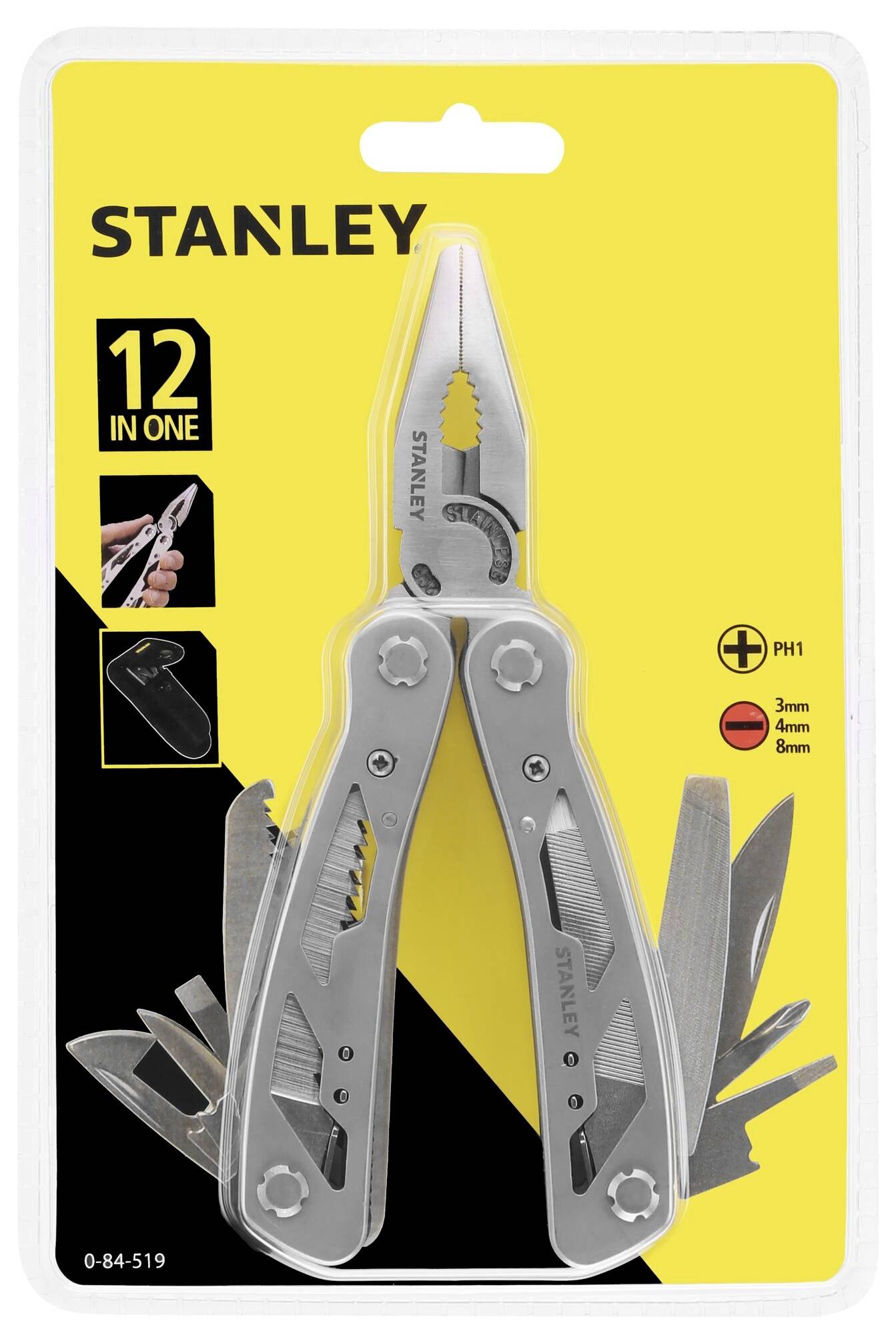 Abgebildet ist ein 'Stanley 12 in One'-Multitool in einer gelben Verpackung. Enthalten sind verschiedene Werkzeuge wie Zange und Schraubendreher.