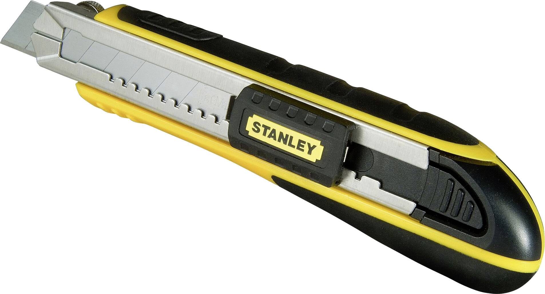 Ein gelber und schwarzer Universalmesser mit ausfahrbarer Klinge und 'Stanley'-Logo auf der Seite.