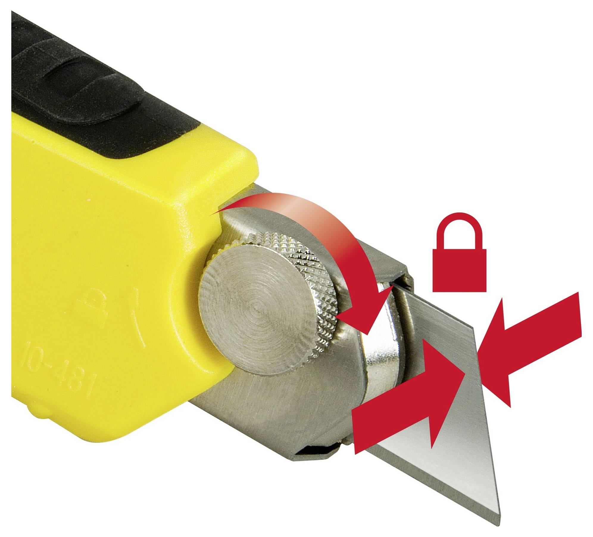 Ein gelber Cutter mit herausfahrbarer Klinge und rotem Pfeil zeigt den Knopf zur Einstellung der Klingenlänge. Sicherheitssymbol daneben.