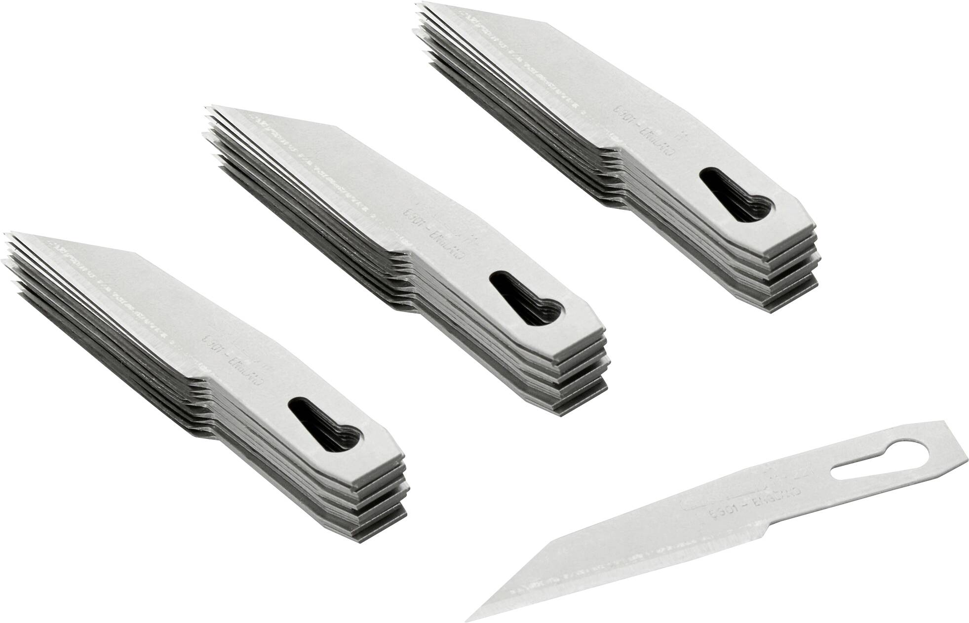 Drei Stapel von Ersatzklingen und eine einzelne Klinge im Vordergrund, wahrscheinlich für ein Handwerks- oder Schneidewerkzeug.