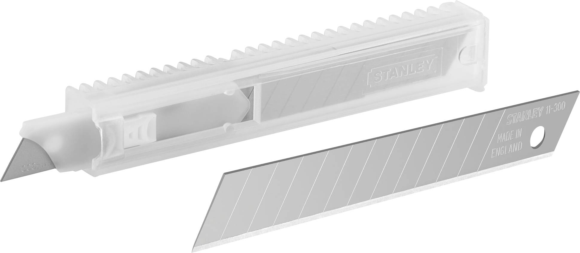 Ein weißer Cutter mit ausziehbarer Klinge und eine Ersatzklinge daneben. Geeignet für präzises Schneiden von Papier oder dünnen Materialien.