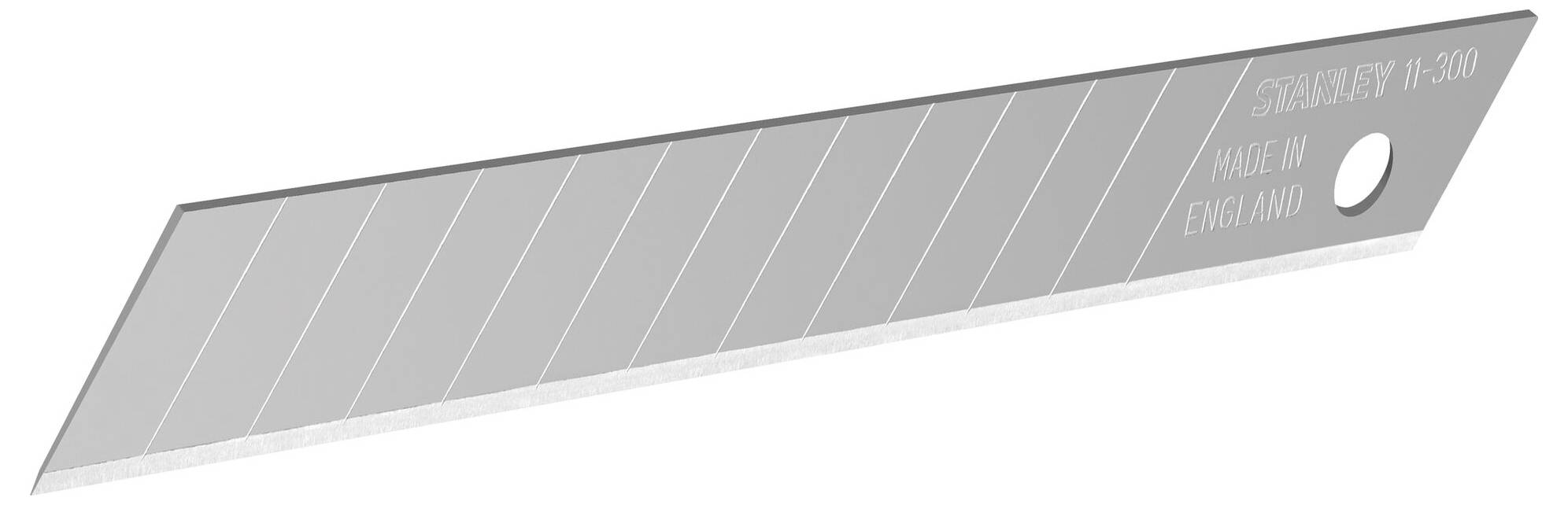 Graues Abbrechklingenmesser in voller Länge, mit segmentierter Klinge und Aufschrift 'Made in England'.