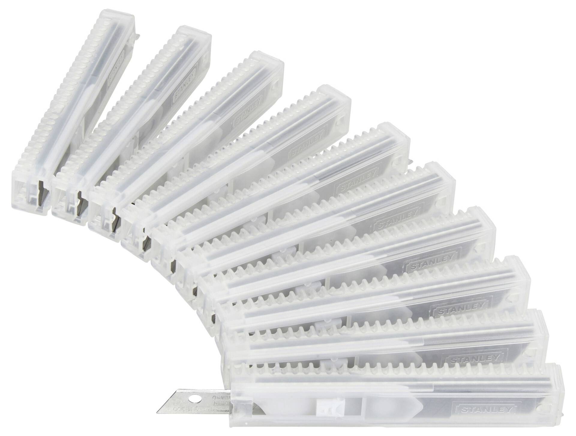 Mehrere weiße Klingenhalter in einem Fächer arrangiert, jeder mit einer silbernen Klinge sichtbar.