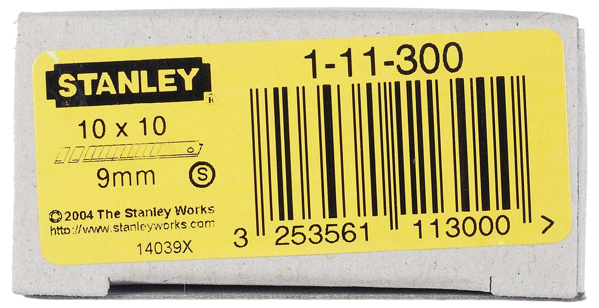 Verpackung von Stanley Klingen 1-11-300 mit 10 Stk. und 9mm Größe. Enthält Barcode und Herstellerangaben.