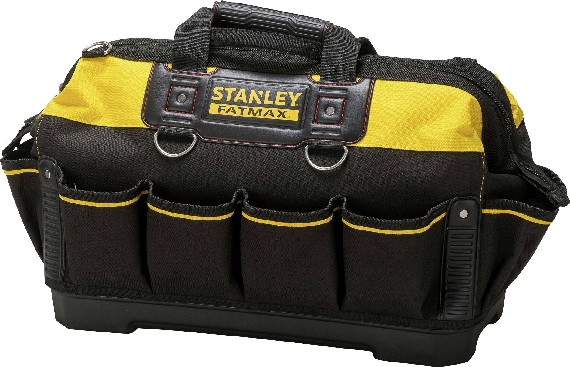 Eine schwarz-gelbe Werkzeugtasche mit mehreren Außentaschen und robusten Griffen, markiert mit 'Stanley Fatmax'.