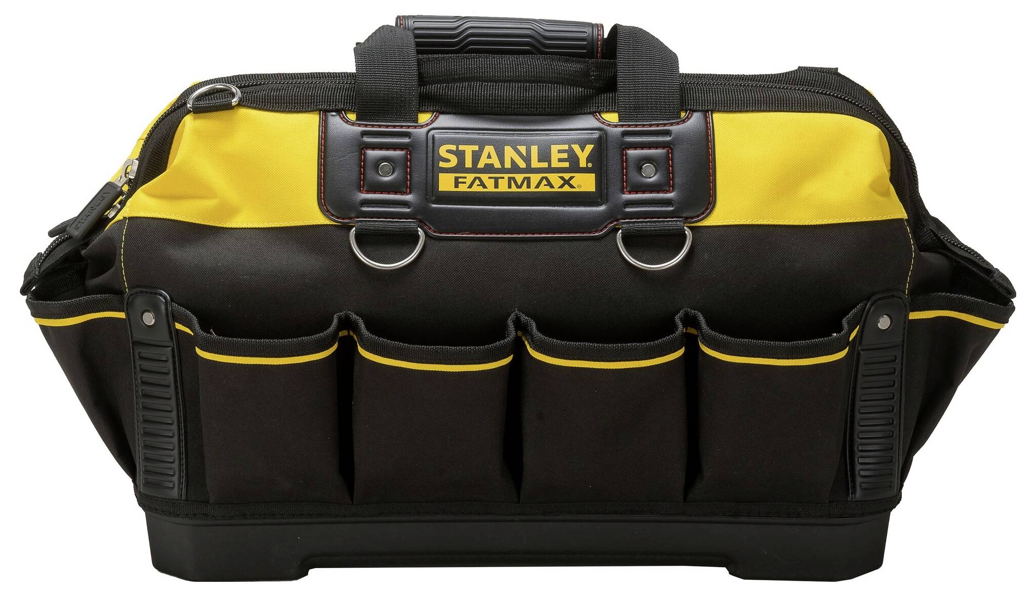 Eine schwarze Werkzeugtasche mit gelben Akzenten und mehreren Außentaschen; Marke 'Stanley Fatmax' auf der Vorderseite.