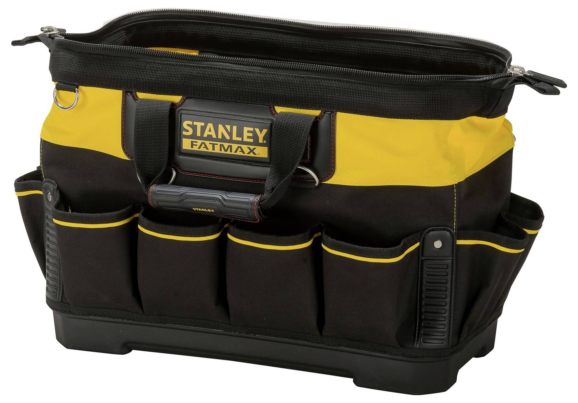 Eine schwarze und gelbe Werkzeugtasche mit mehreren Außentaschen, auf der 'Stanley Fatmax' steht. Ideal zum Transport von Werkzeugen.