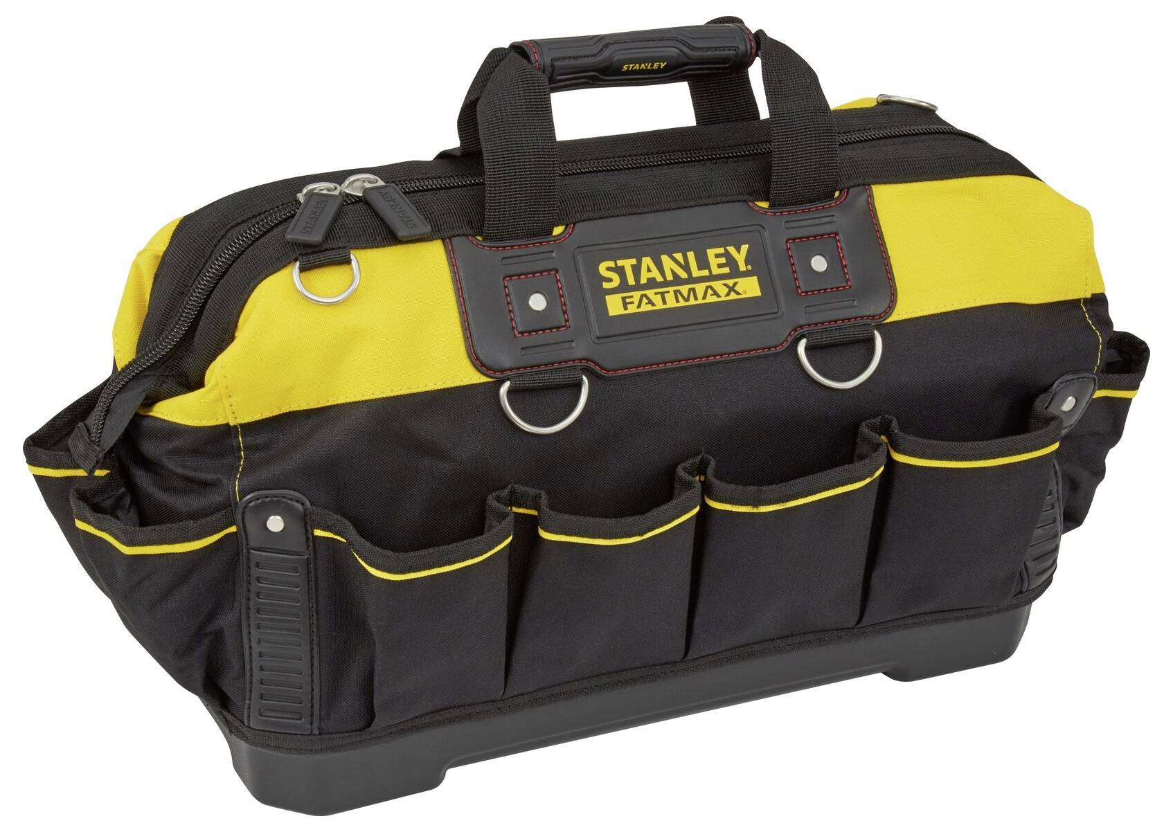 'Schwarze und gelbe Werkzeugtasche mit mehreren äußeren Taschen und einem robusten Griff, markiert mit 'STANLEY FATMAX'.'