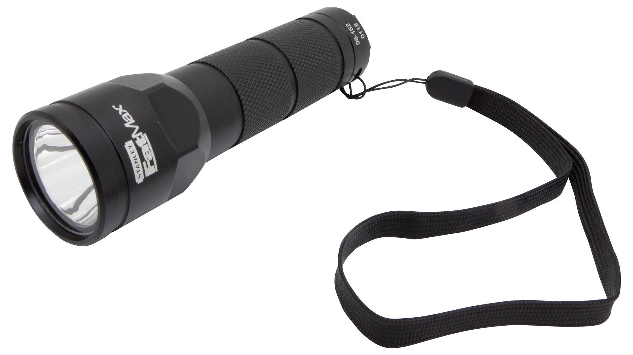 Schwarze Taschenlampe mit strukturierter Oberfläche und Handgelenkschlaufe, erscheint robust und kompakt.