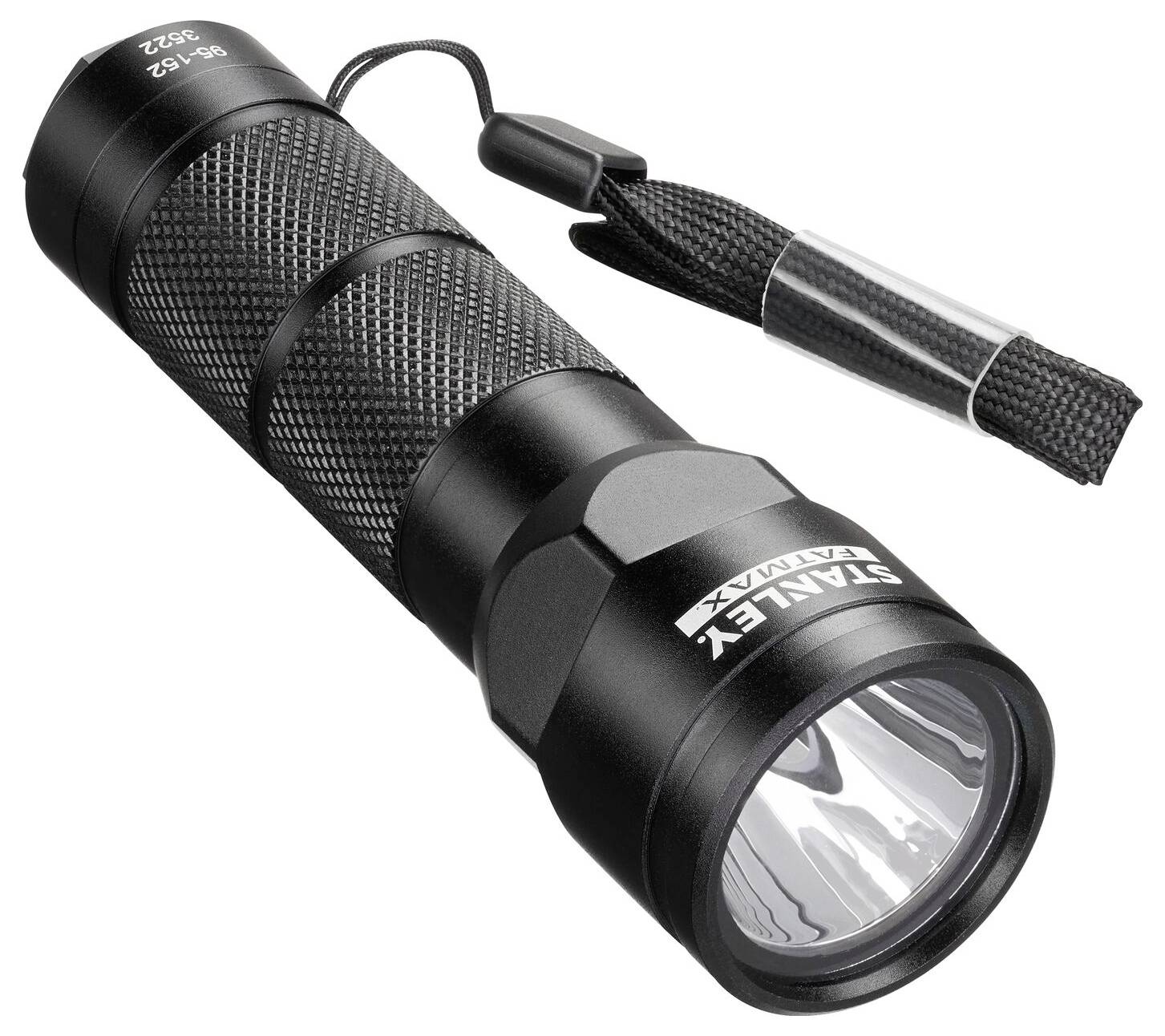 Schwarze Taschenlampe mit strukturiertem Griff und Handschlaufe, geeignet für den Einsatz im Freien oder bei Stromausfällen.