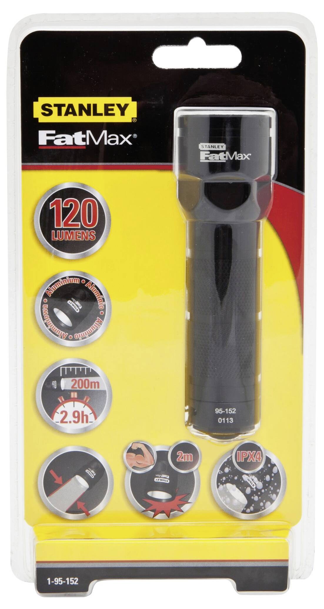 Taschenlampe 'Stanley FatMax' in Verpackung. 120 Lumen, Reichweite 200m, Laufzeit 2,9h. Zeigt Produktmerkmale und -beschreibung.