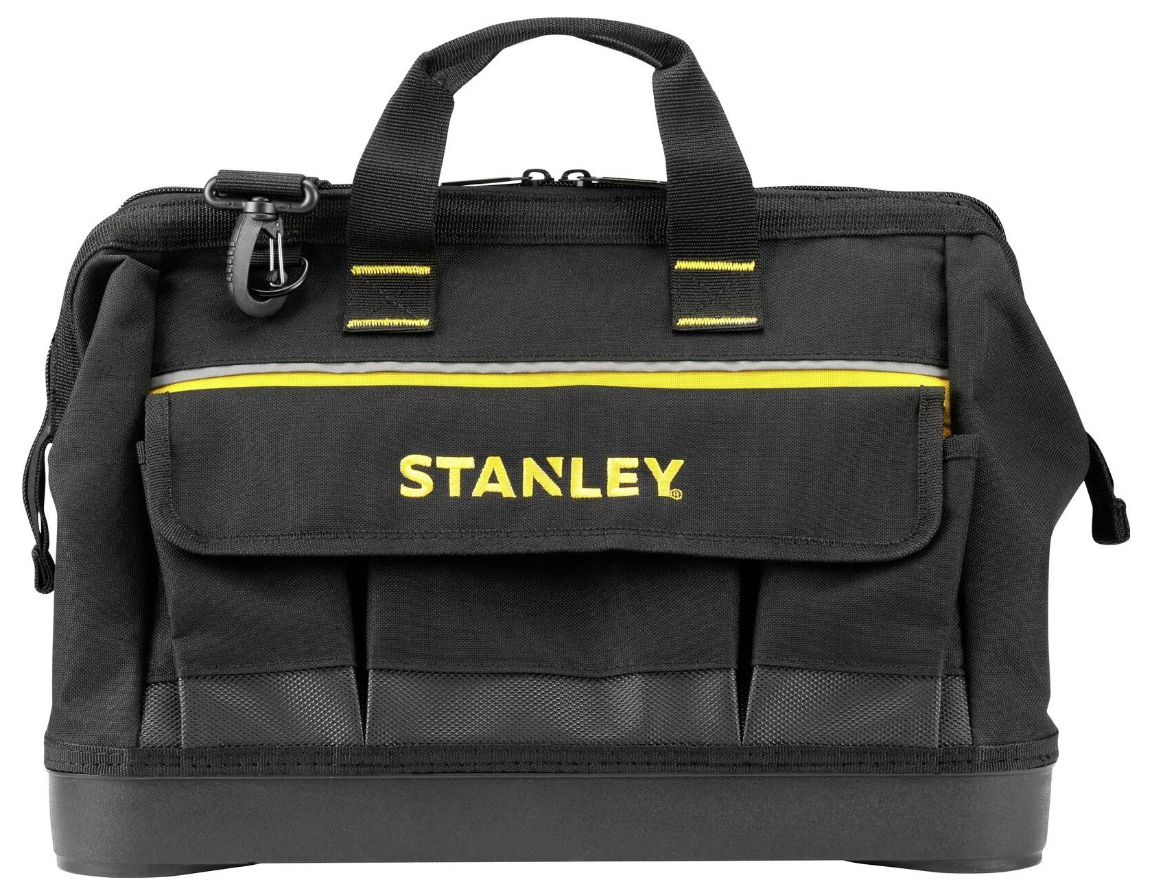 Schwarze Werkzeugtasche mit gelbem 'STANLEY'-Schriftzug, mehreren Reißverschlüssen und Außentaschen, verstärkter Boden.
