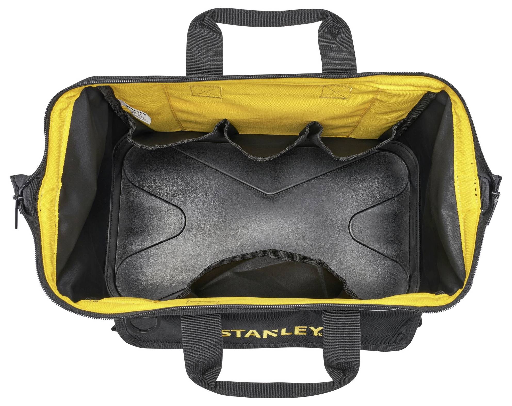Schwarze Werkzeugtasche mit gelber Innenauskleidung, leer, mit mehreren Innenfächern und robusten Griffen.