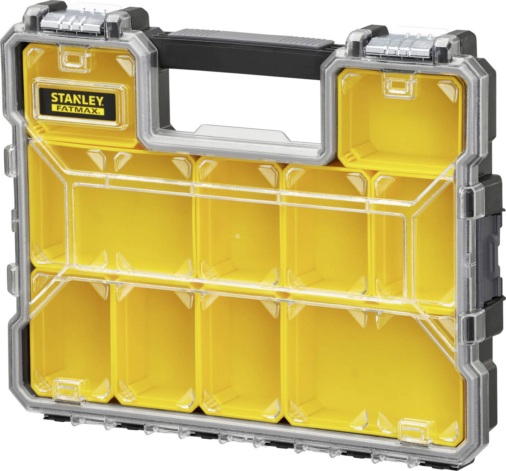 Eine leere, gelbe Werkzeugbox mit mehreren transparenten Fächern.