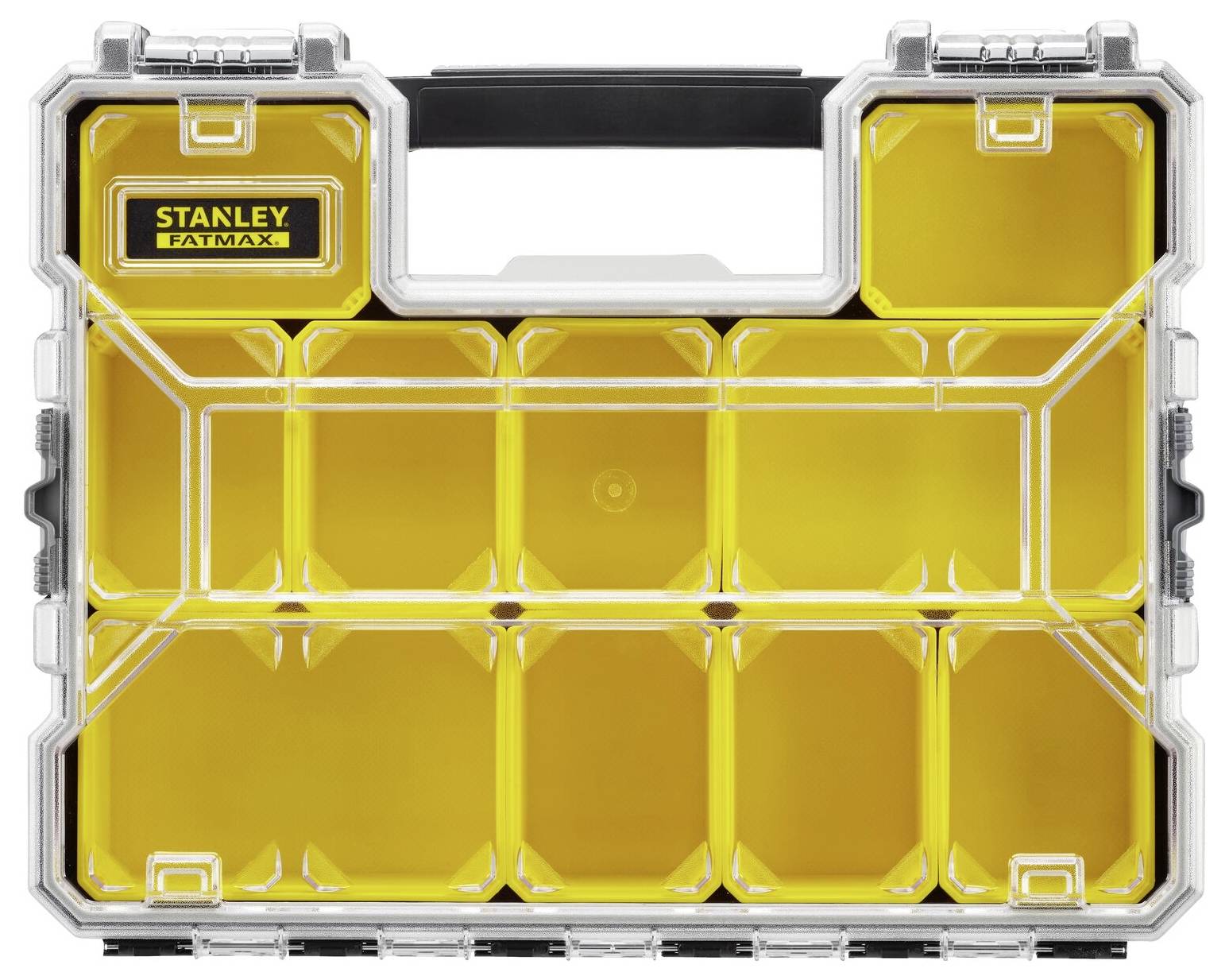 'STANLEY FATMAX' Aufbewahrungsbox mit durchsichtigem Deckel und zehn gelben Fächern.