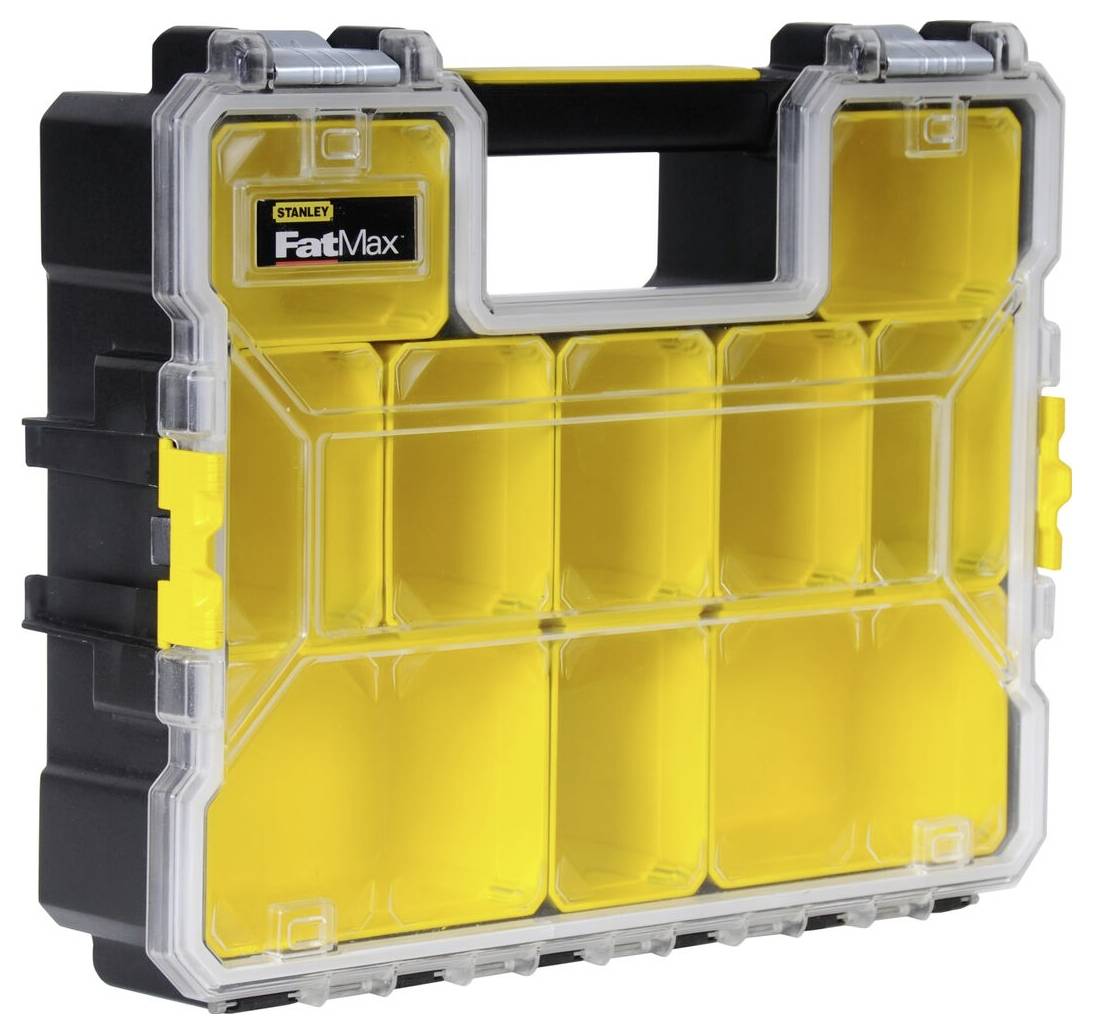 Gelber und schwarzer Werkzeugkasten mit transparentem Deckel, markiert mit 'FatMax', zeigt verschiedene Fächer zur Aufbewahrung von Kleinteilen.
