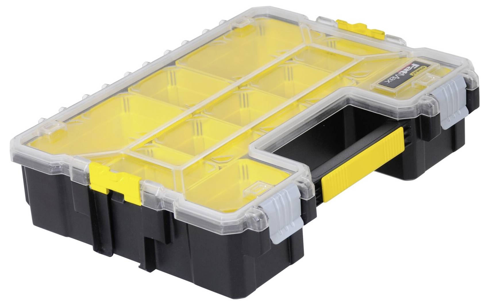 Ein gelber Organizer mit transparenter Plastikabdeckung und schwarzem Griff zur Aufbewahrung von Werkzeugen oder Kleinteilen.