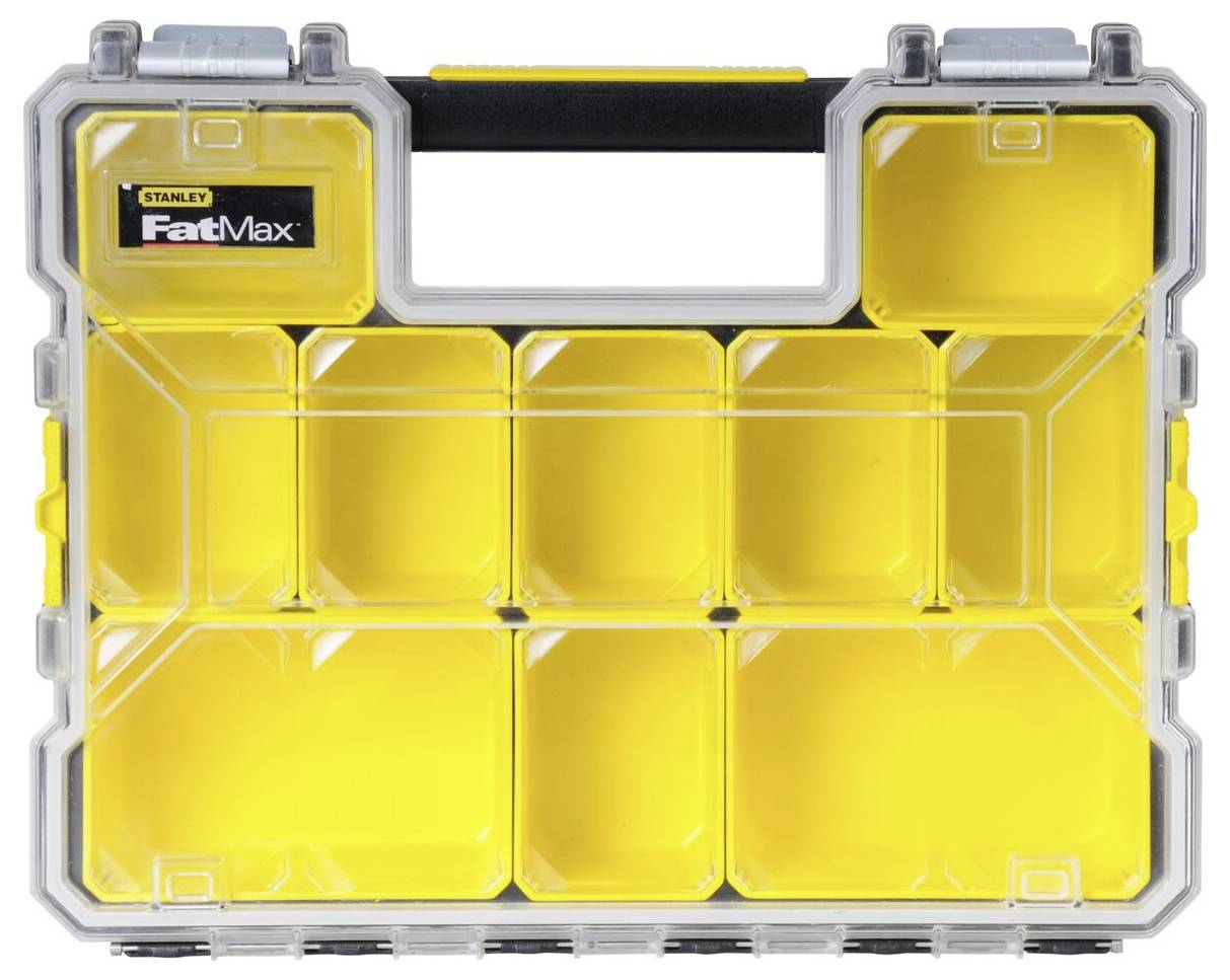 Gelber Sortimentskasten mit durchsichtigem Deckel und neun Fächern, geeignet zur Aufbewahrung kleiner Werkzeuge oder Teile. Markenname 'FatMax' oben links angezeigt.