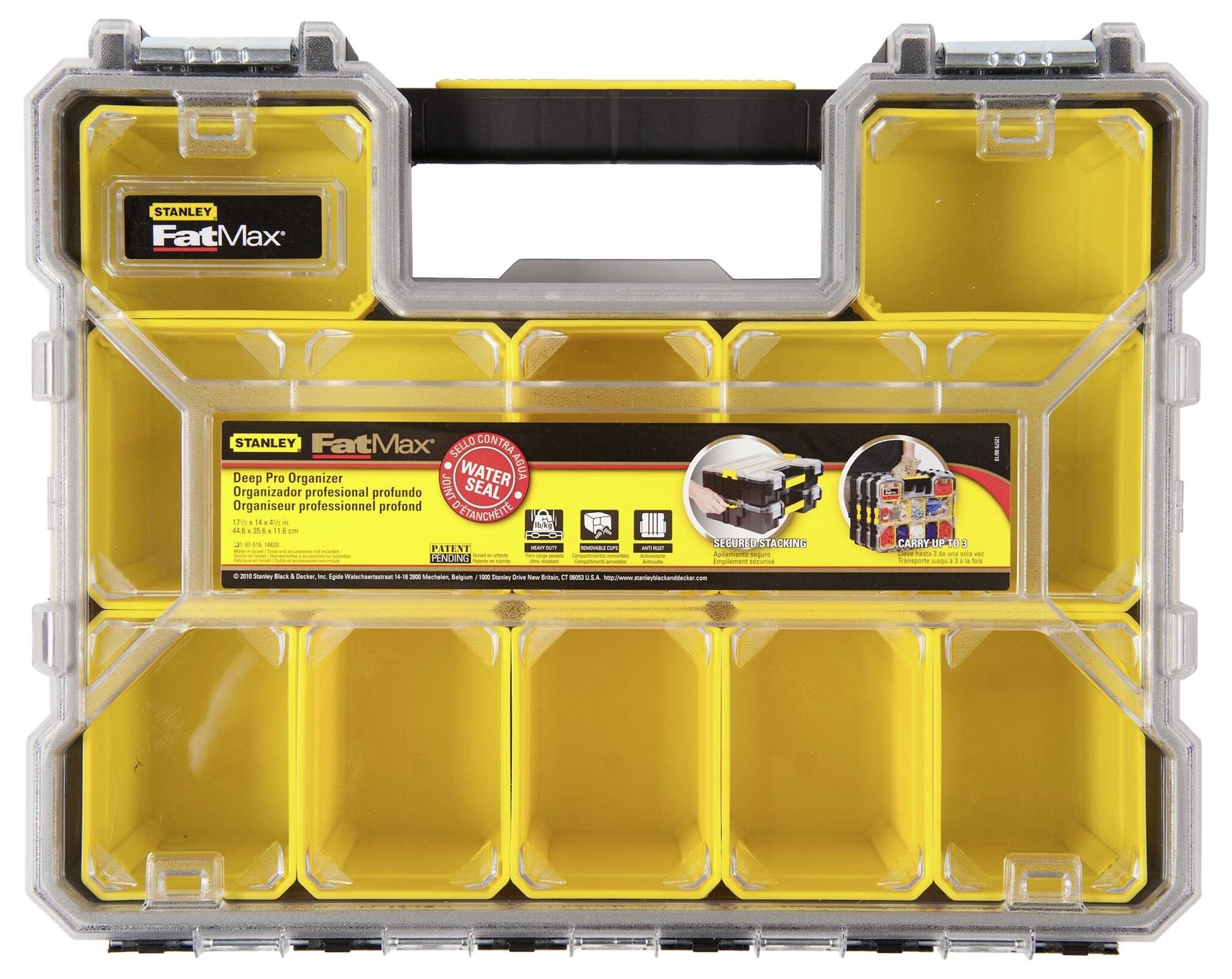 Gelber Stanley FatMax Organizer mit transparentem Deckel und neun Fächern. Aufkleber zeigt Anwendungsbeispiele und Markenlogo.
