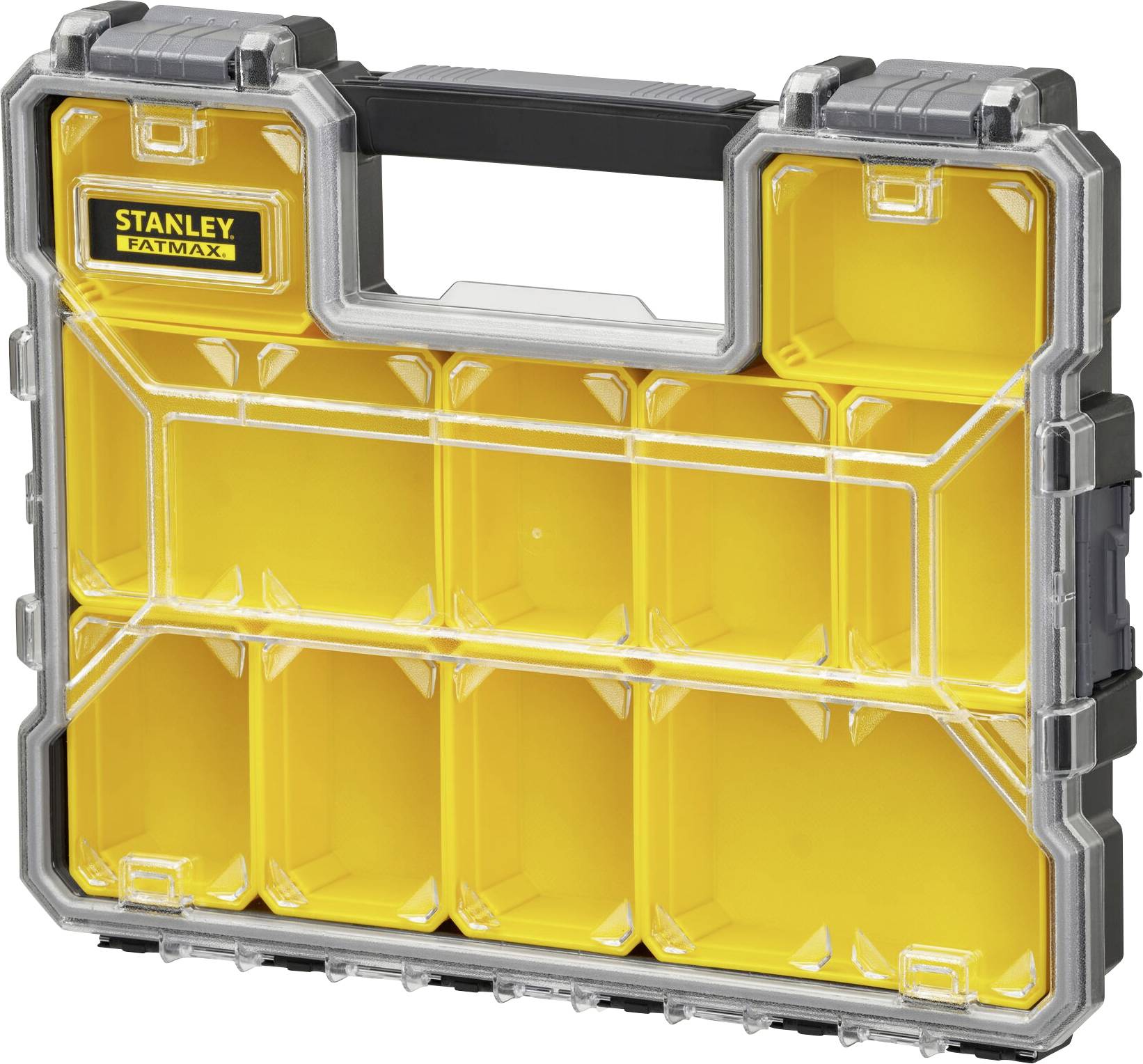 Transparente Werkzeugbox mit gelbem Innenraum. Neun Fächer bieten organisiert Platz für Werkzeuge und Kleinteile.