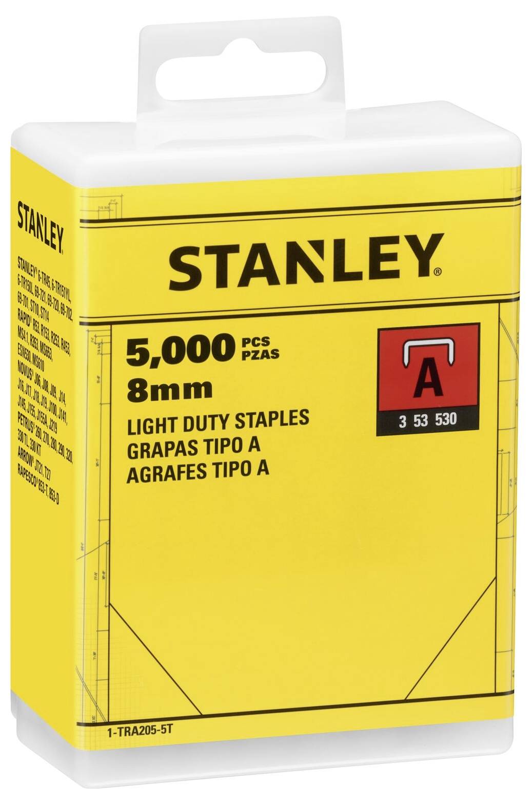 'Stanley 5,000 Stück leichte Klammern, Typ A, 8mm'. Gelbe Verpackung mit Produktinformationen und einer Abbildung einer Klammer.