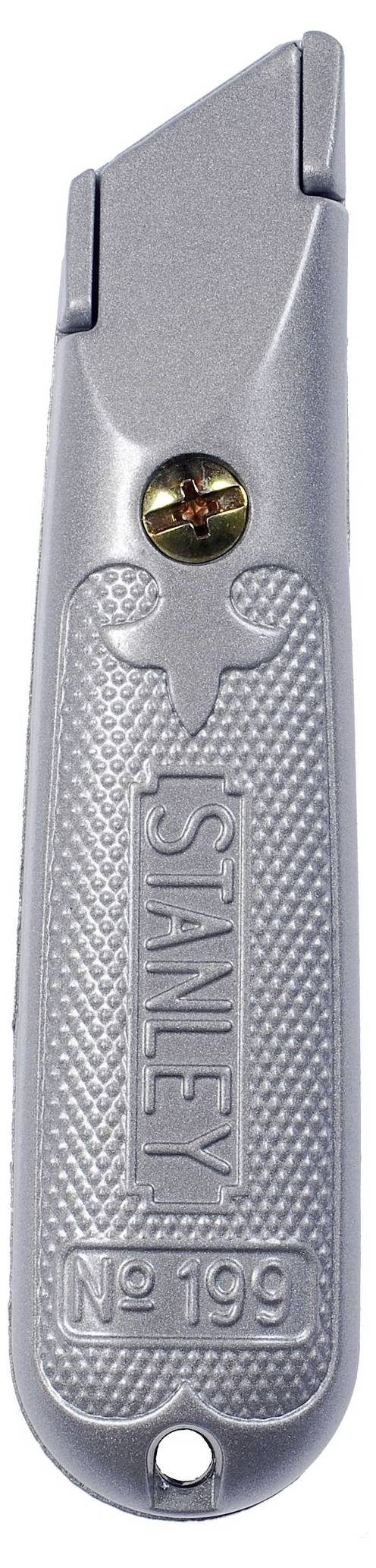 Graues, metallisches Universalmesser mit beschriftetem Griff 'STANLEY No. 199' und sichtbarer Schraube zur Klingenbefestigung.