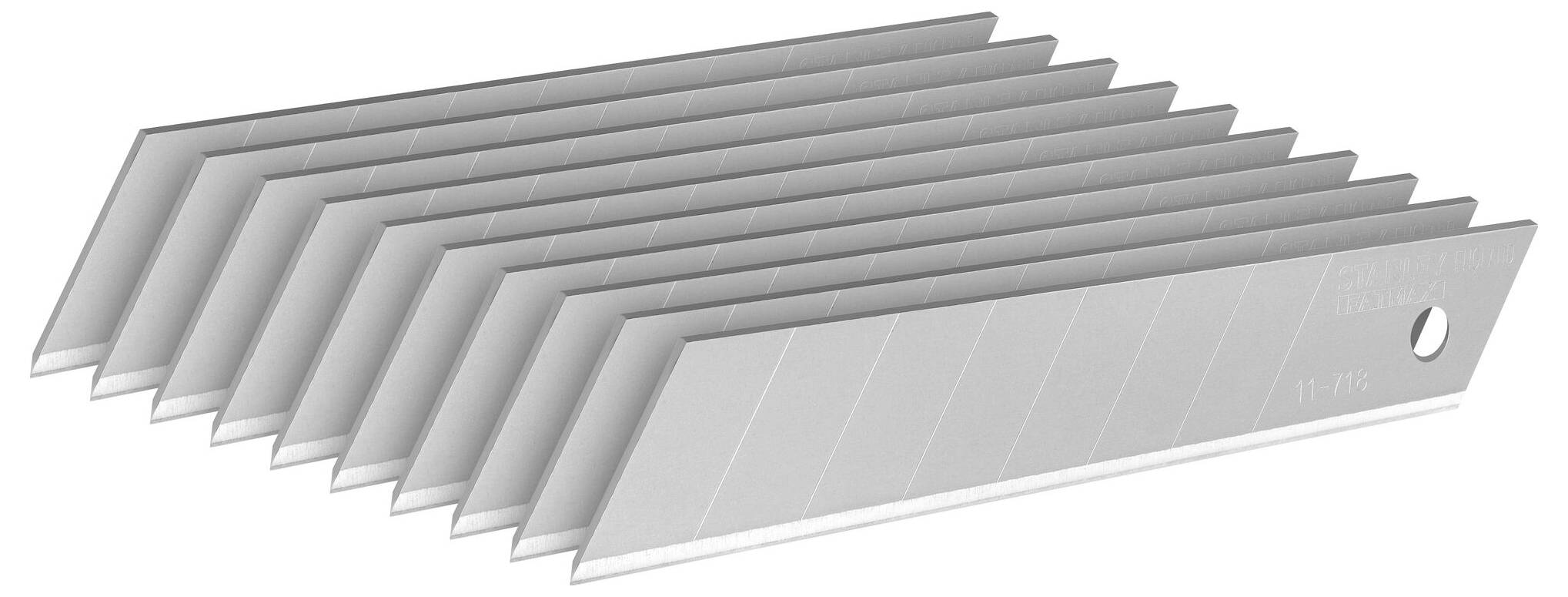 Silberne Abbrechklingen gestapelt in einer leicht versetzten Anordnung, verwendet für Messer oder Cutter.