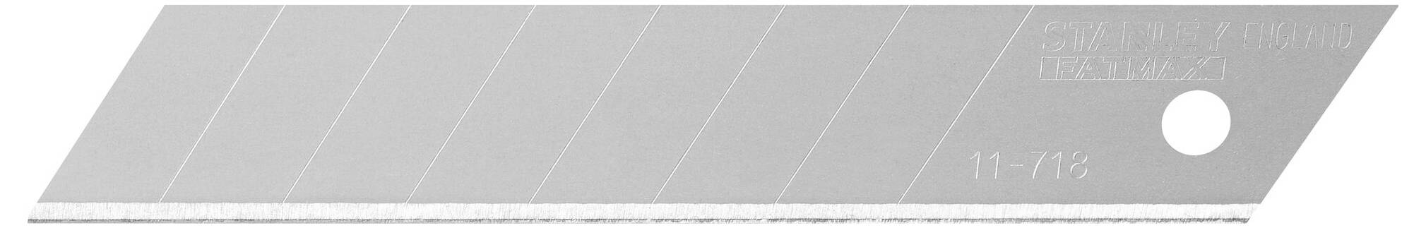 Cutterklinge, silberfarben, abgeschrägte Spitze. Enthält eine Lochung für Befestigung. Geeignet für manuelle Schneidwerkzeuge.