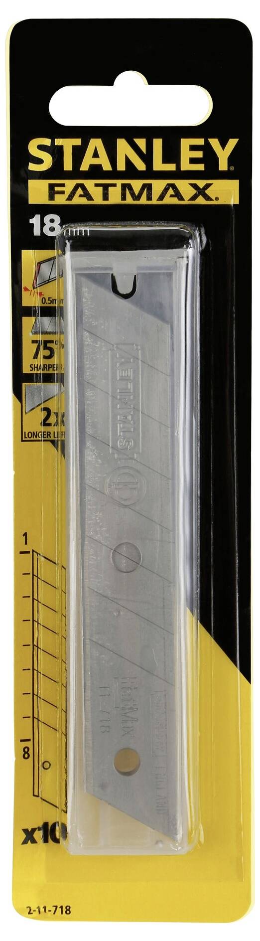 Ersatzklingen für Stanley FatMax, 18mm, 10 Stück, verpackt in gelber und schwarzer Verpackung. Ideal für Schneidarbeiten.