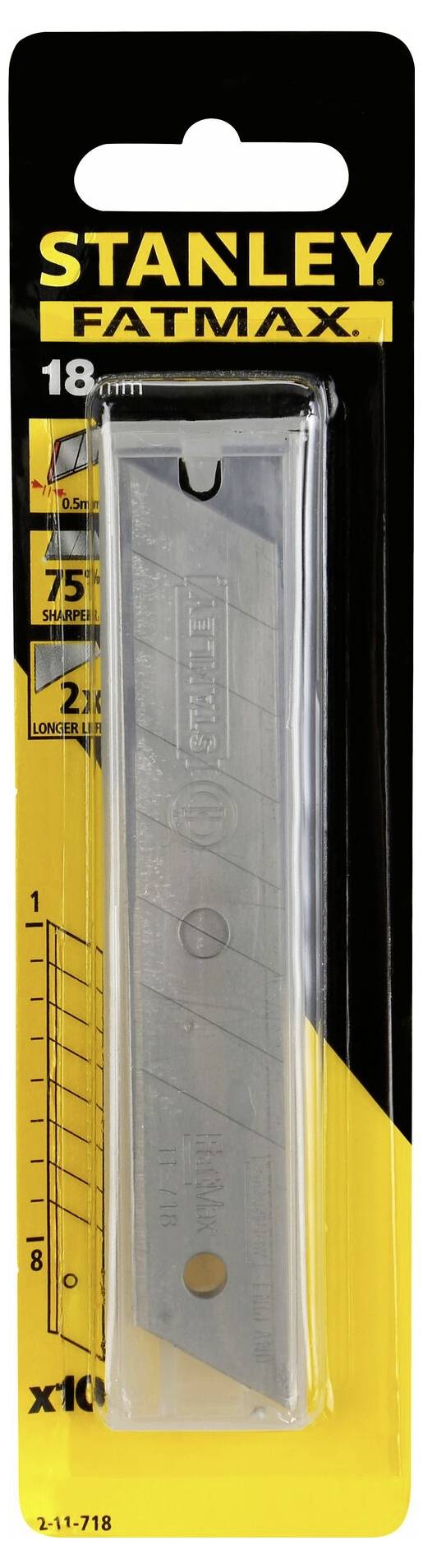 Stanley Fatmax Ersatzklingen-Verpackung, enthält 10 Klingen, 18 mm Breite, für Cutter, in Schwarz-Gelb.