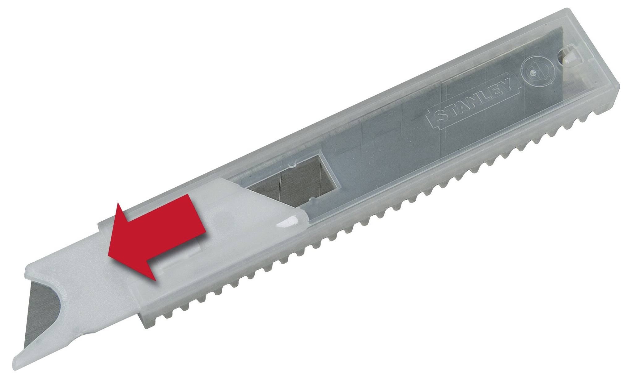 Ein transparentes Kunststoffetui mit roten Pfeilen zeigt den Öffnungsmechanismus. Enthält Klingen für ein Universalmesser.