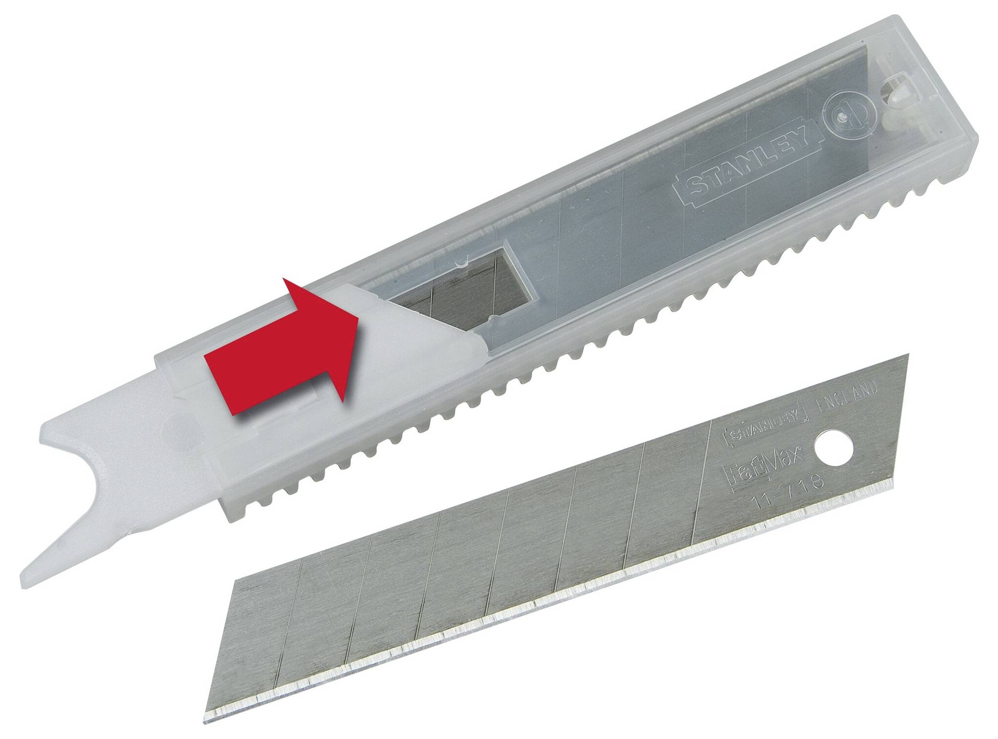 Ein geometrisches Ersatzklingenmesser mit einer Klinge in einer transparenten Kunststoffbox. Eine rote Pfeilanzeige zeigt die Entnahme.