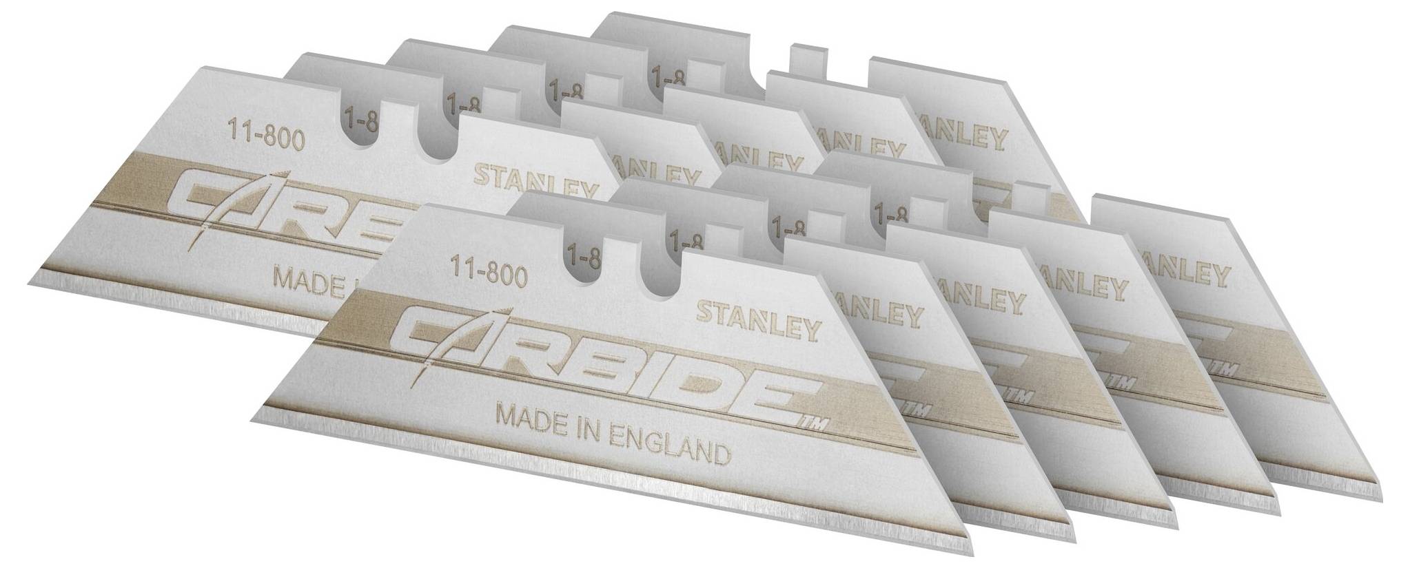 Zehn silberne Klingen, auf denen 'CARBIDE' und 'MADE IN ENGLAND' steht, angeordnet in zwei Reihen.