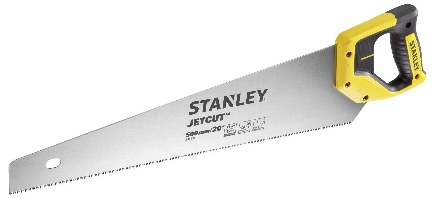 Handsäge mit gelbem Griff, Metallklinge mit der Aufschrift 'Stanley JetCut 500mm/20''.