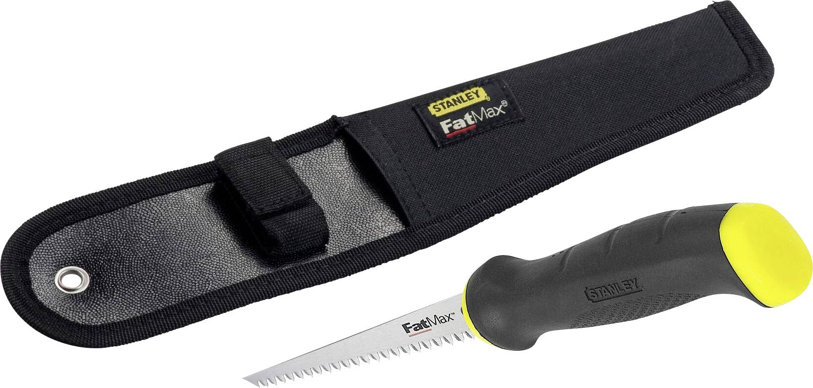 Handsäge mit schwarzem Griff und gelber Spitze, begleitet von einer schwarzen Schutzhülle. Ideal für präzise Sägearbeiten.
