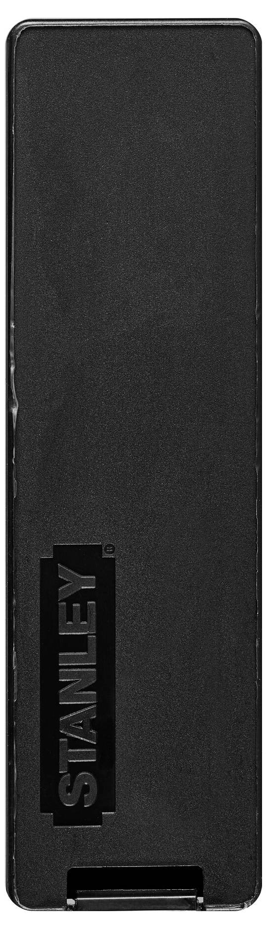 Rechteckiger schwarzer Kunststoffverschluss mit 'Stanley'-Logo, wahrscheinlich Teil einer Werkzeug- oder Haushaltsproduktverpackung.