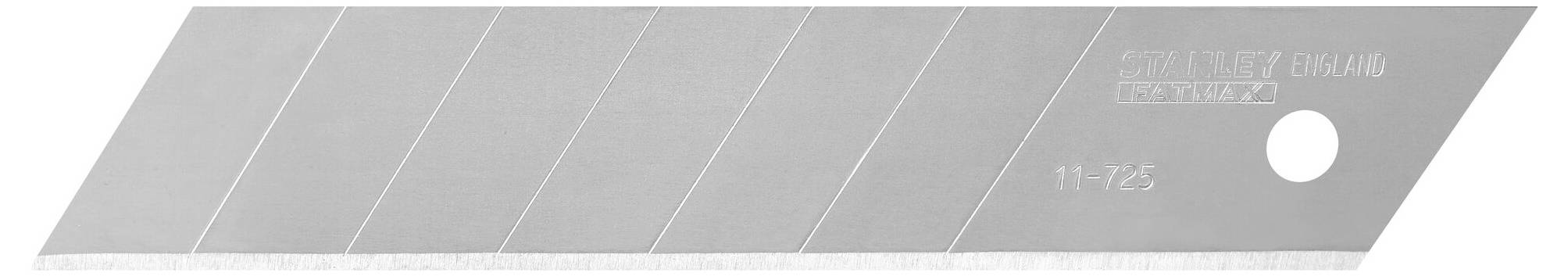 Silberne Abbrechklinge eines Cuttermessers mit mehreren vorgezeichneten Abbrechstellen, um abgenutzte Klingenstücke zu entfernen.