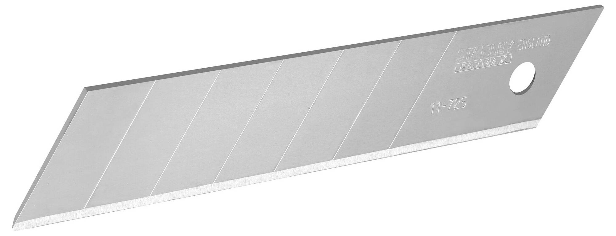 Ersatzklinge für ein Schneidewerkzeug. Gerade Kante mit mehreren Abschneideabschnitten und einer runden Öffnung auf der rechten Seite.