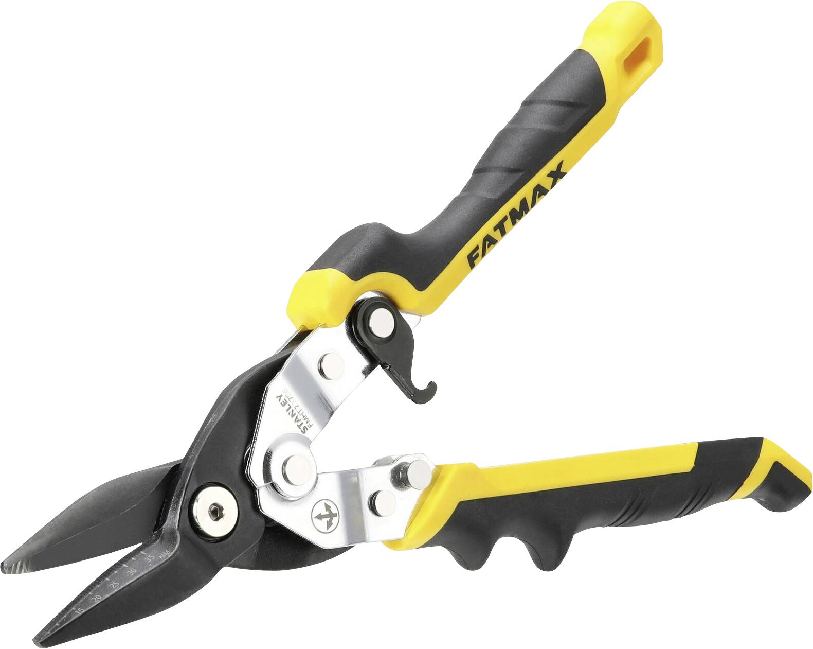 Eine Blechschere mit gelb-schwarzen Griffen und silbernen Gelenken, gekennzeichnet mit 'FATMAX', geeignet zum Schneiden von Metall.
