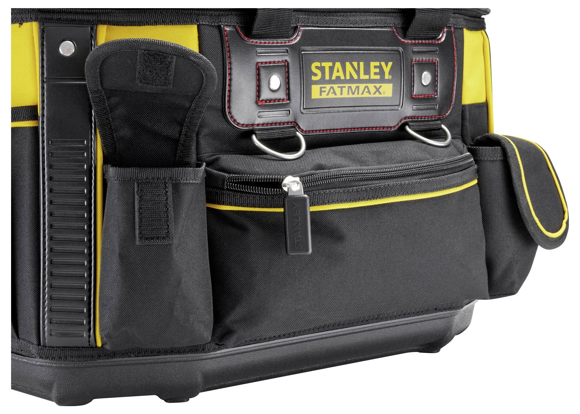 Eine schwarze und gelbe Werkzeugtasche der Marke Stanley Fatmax mit mehreren Fächern und einem Reißverschluss vorne.