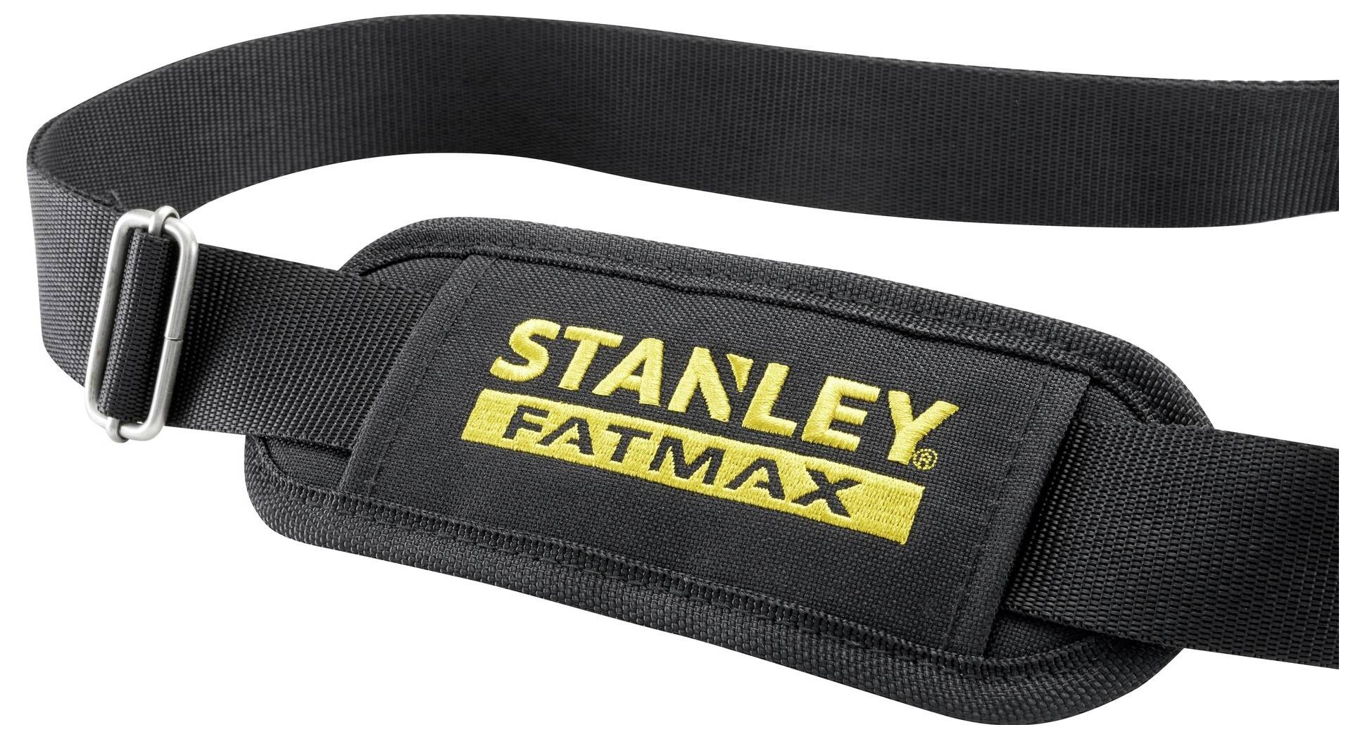 Schwarzer Schulterriemen mit gelbem 'STANLEY FATMAX' Logo, geeignet für den Einsatz mit Werkzeugtaschen oder Koffern zum leichteren Tragen.