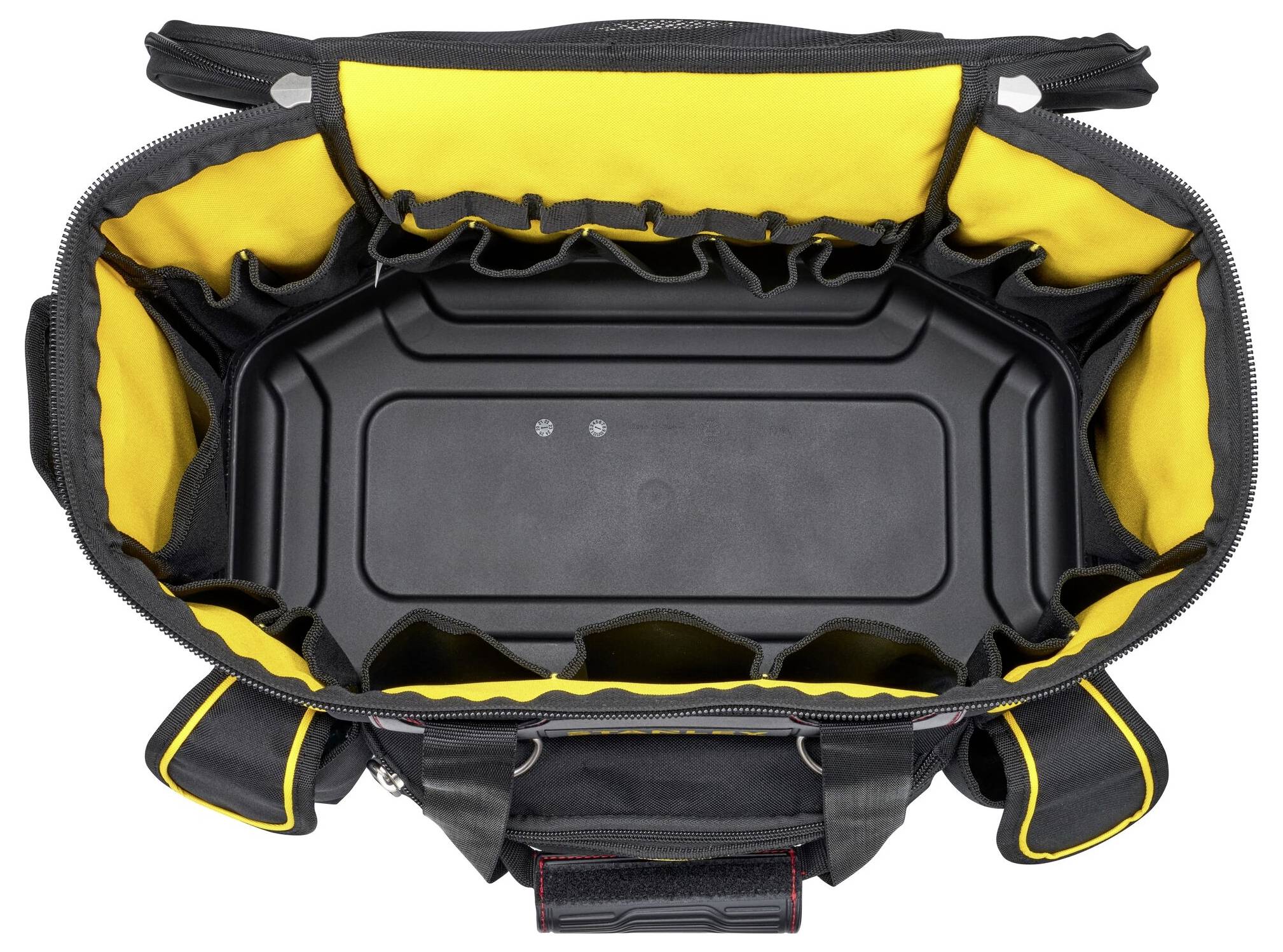 Geöffnete schwarze Werkzeugtasche mit gelbem Innenfutter, zahlreichen Fächern und robustem Boden, Ansicht von oben.
