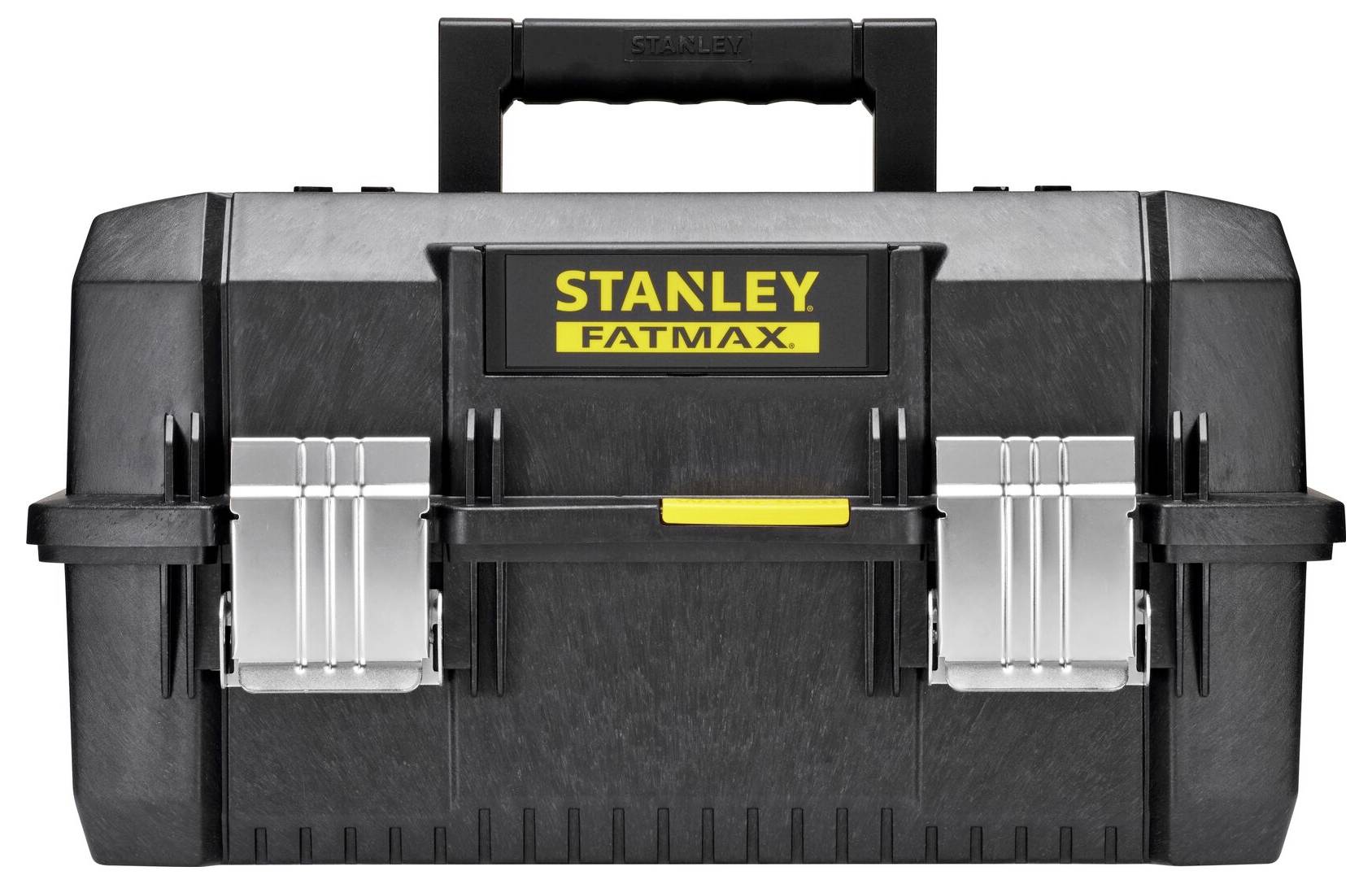 Eine schwarze Werkzeugkiste der Marke Stanley FatMax mit silbernen Verschlüssen und gelbem Logo auf der Vorderseite.