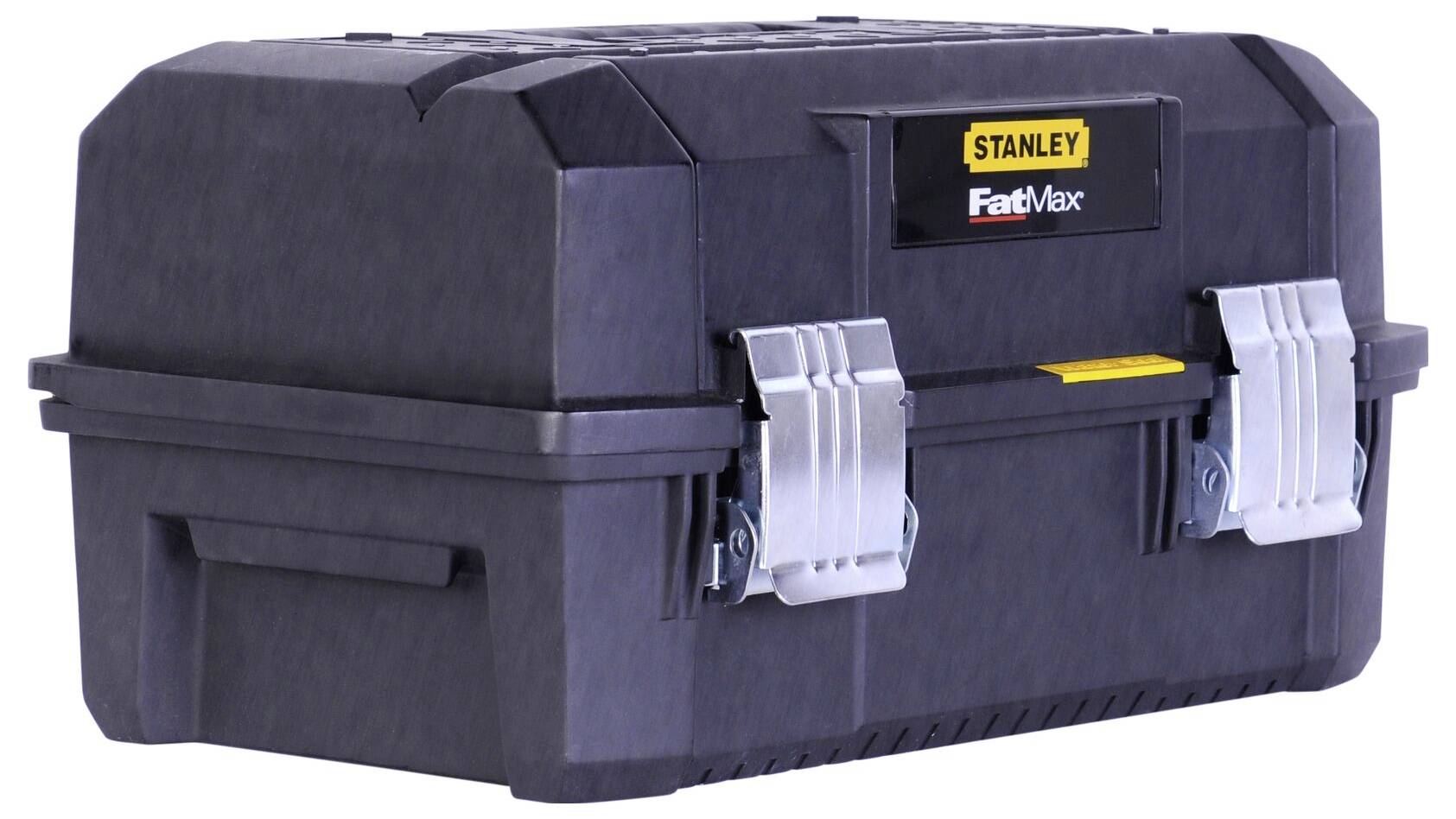 Ein schwarzer Werkzeugkoffer der Marke Stanley FatMax mit robusten Metallverschlüssen. Ideal zur sicheren Aufbewahrung und Transport von Werkzeugen.