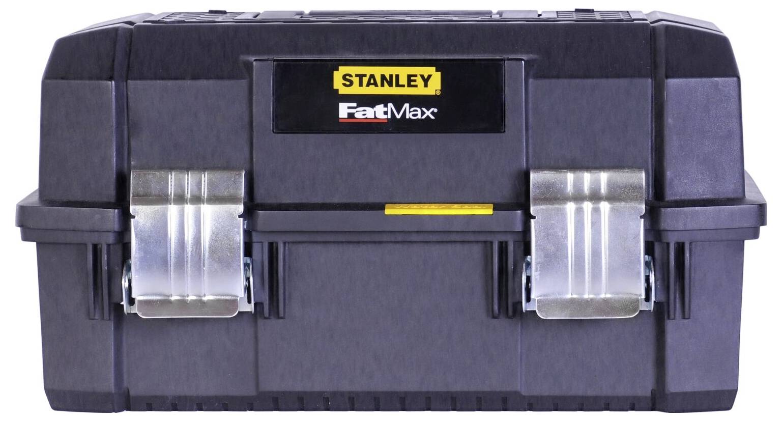 Ein geschlossener, schwarzer Werkzeugkoffer von Stanley FatMax mit zwei silbernen Verschlüssen, geeignet zur Aufbewahrung von Werkzeugen.