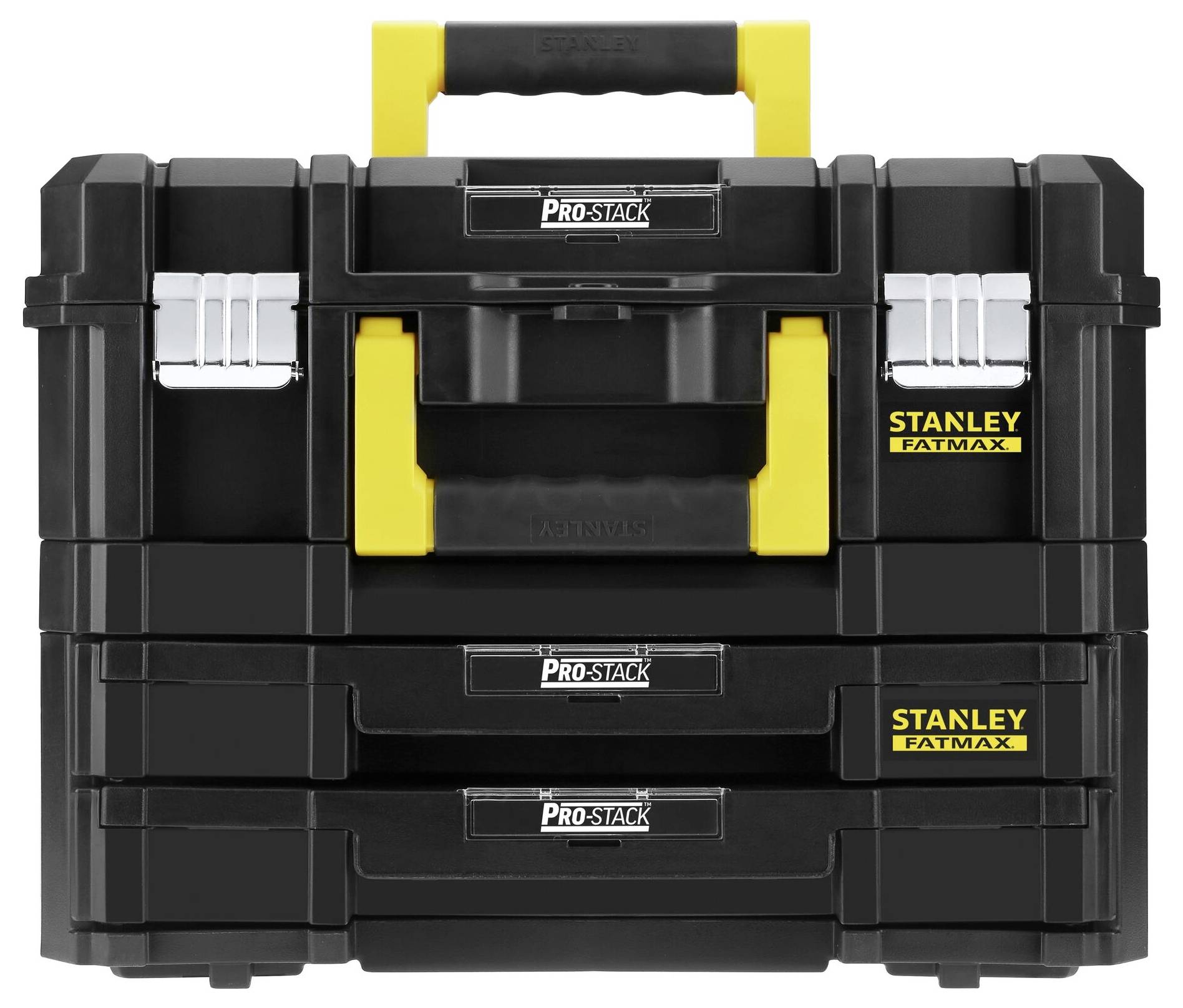 Schwarze Werkzeugbox mit gelbem Griff, drei stapelbaren Fächern und silbernen Verschlüssen. Aufschrift 'Stanley FatMax'.