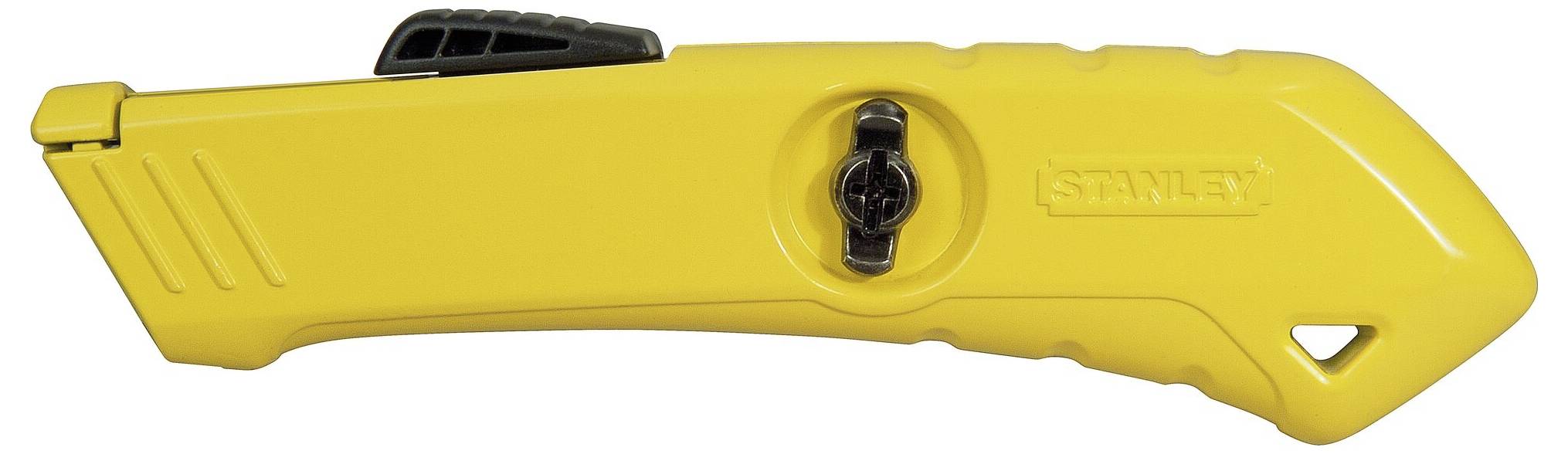Gelbes Teppichmesser mit schwarzem Schieberegler und integriertem Griff.