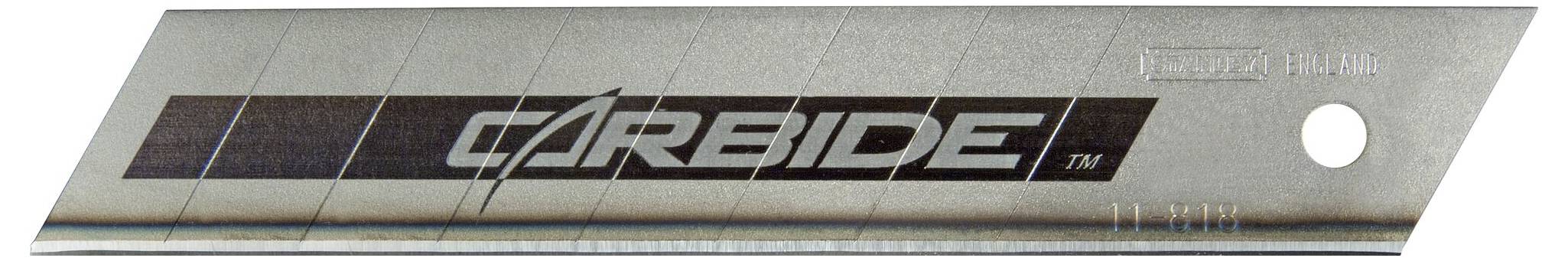 Metallische Rasierklinge mit Aufschrift 'CARBIDE' in der Mitte, enthält eine Lochöffnung für die Befestigung.