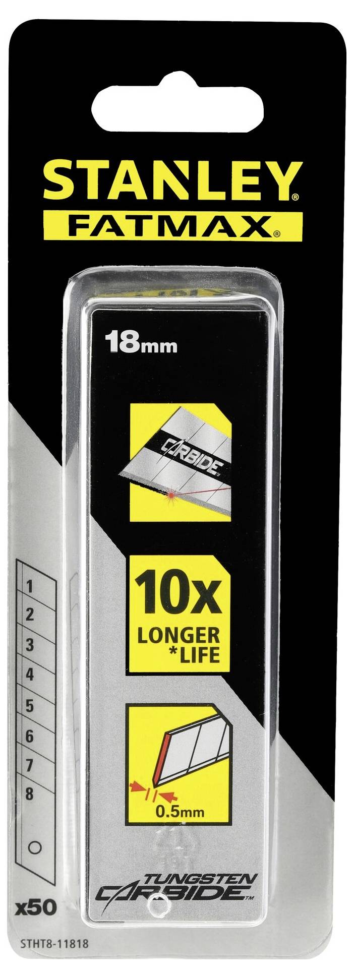 Verpackung Stanley Fatmax Klingen 18 mm. Text: '10x Longer Life', 50 Stück, 0,5 mm Dicke. Produkt für Schneidwerkzeuge.
