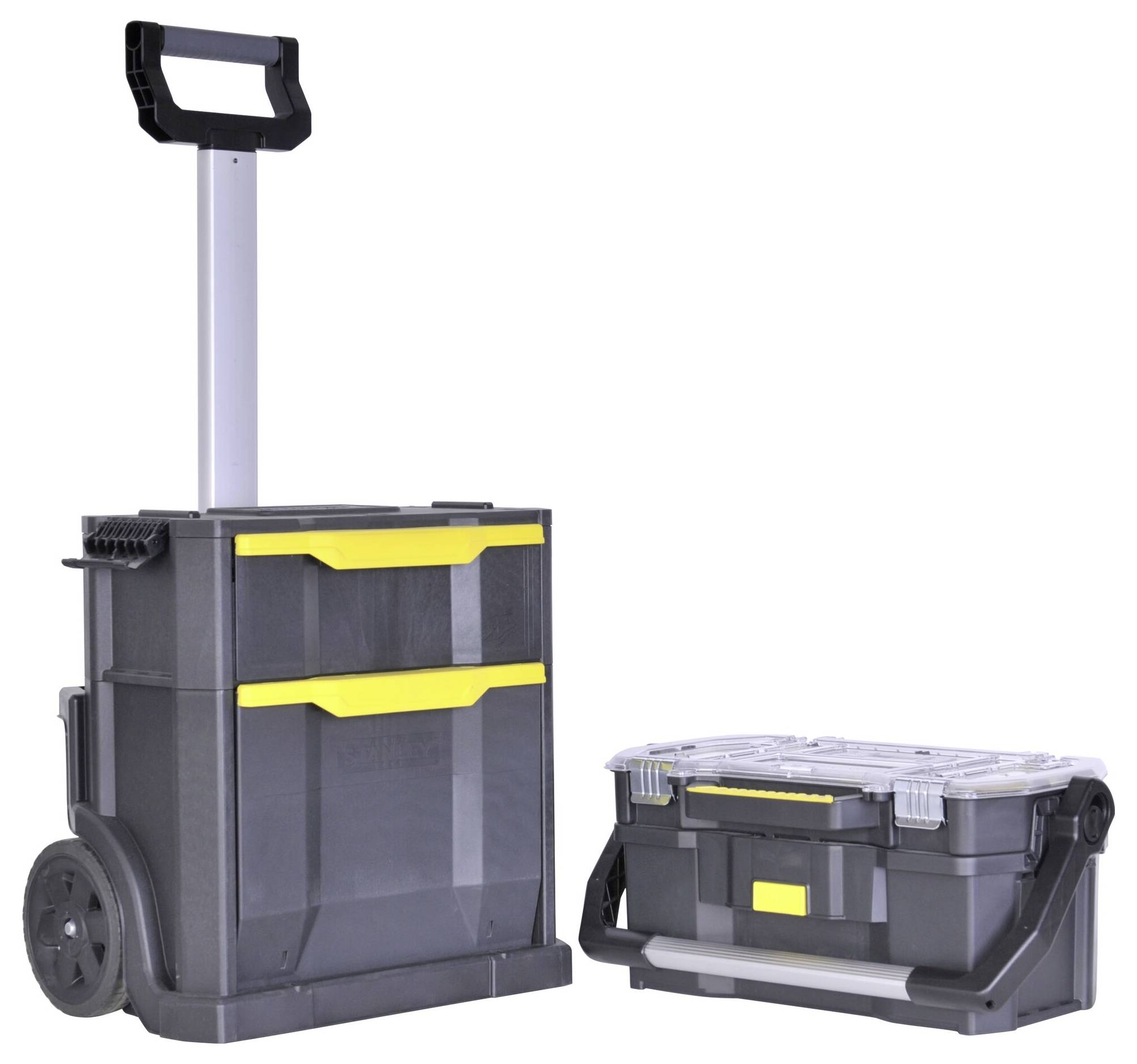 Werkzeugkasten-Set mit Trolley und stapelbarem Koffer, in Grau und Gelb. Trolley mit zwei Rädern und ausfahrbarem Griff. Ideal für mobile Handwerker.